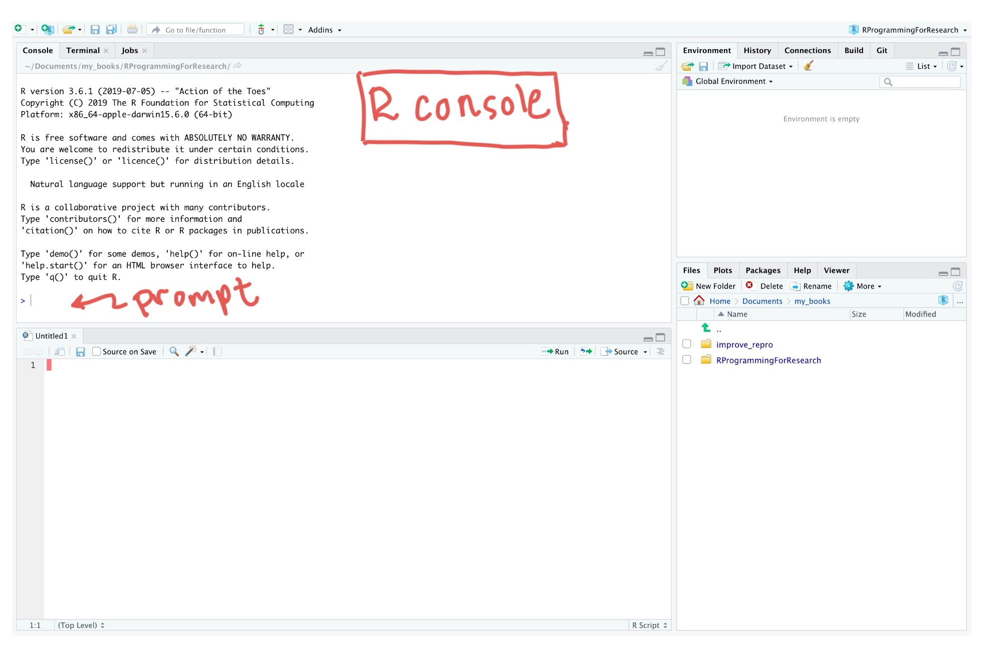 Finding the 'Console' pane and the command prompt in RStudio.