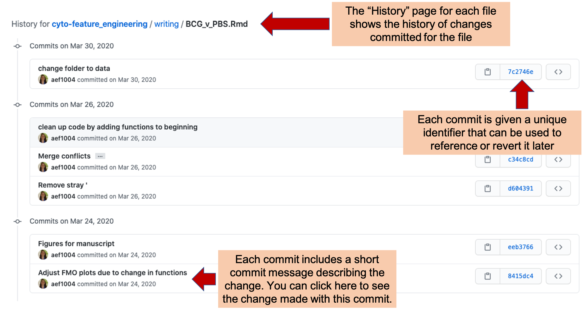 Commit history in GitHub. Each file in a repository has a 'History' page, where you can explore each change commited for the file. Each commit has a unique identifier and commit message describing the change. You can click on the entry for any of these commits to see the changes made to the file with the commit (see next figure).