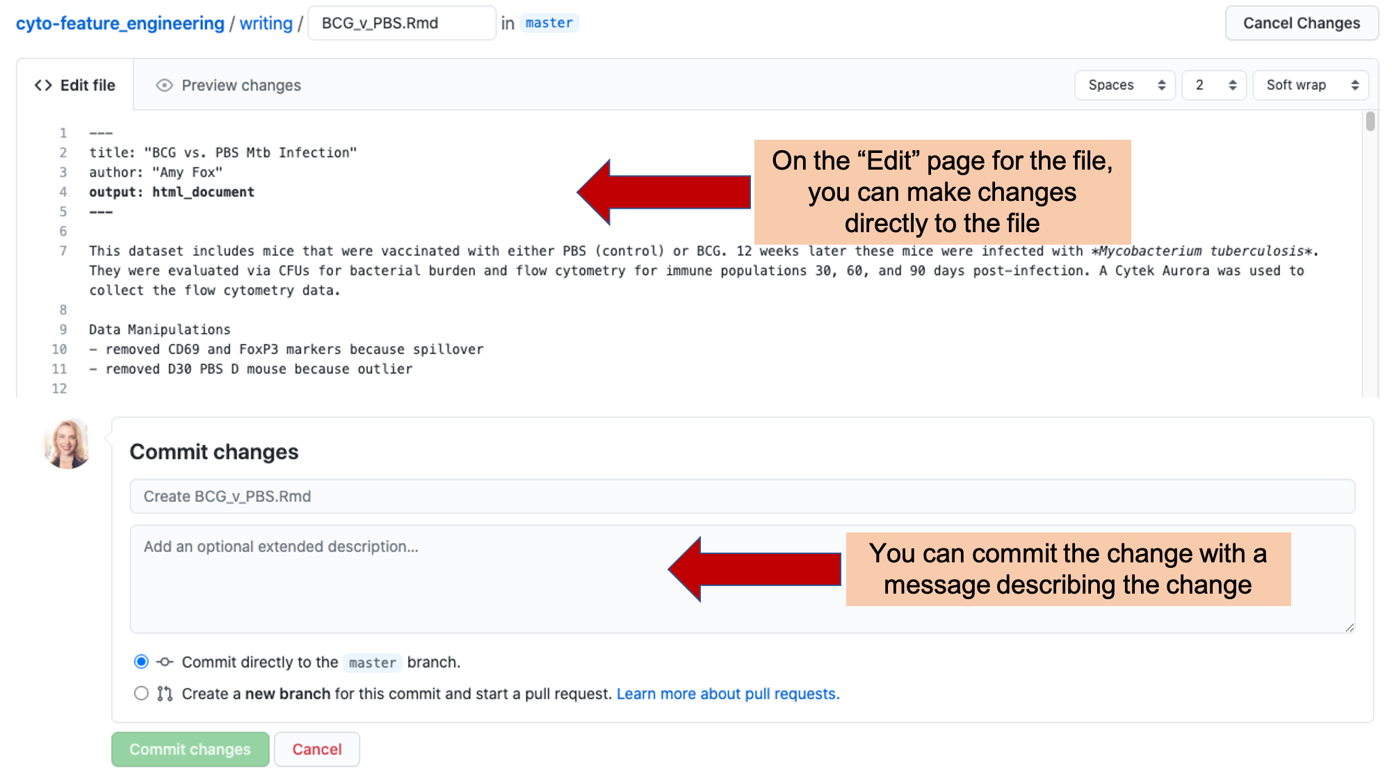 Committing changes directly in GitHub. When you click on the 'Edit' button in a file's GitHub page (see previous figure), it will take you to a page where you can edit the file directly. You save the changes with a 'commit', including a commit message describing why you made the change. The change will be tagged with the message and your name.