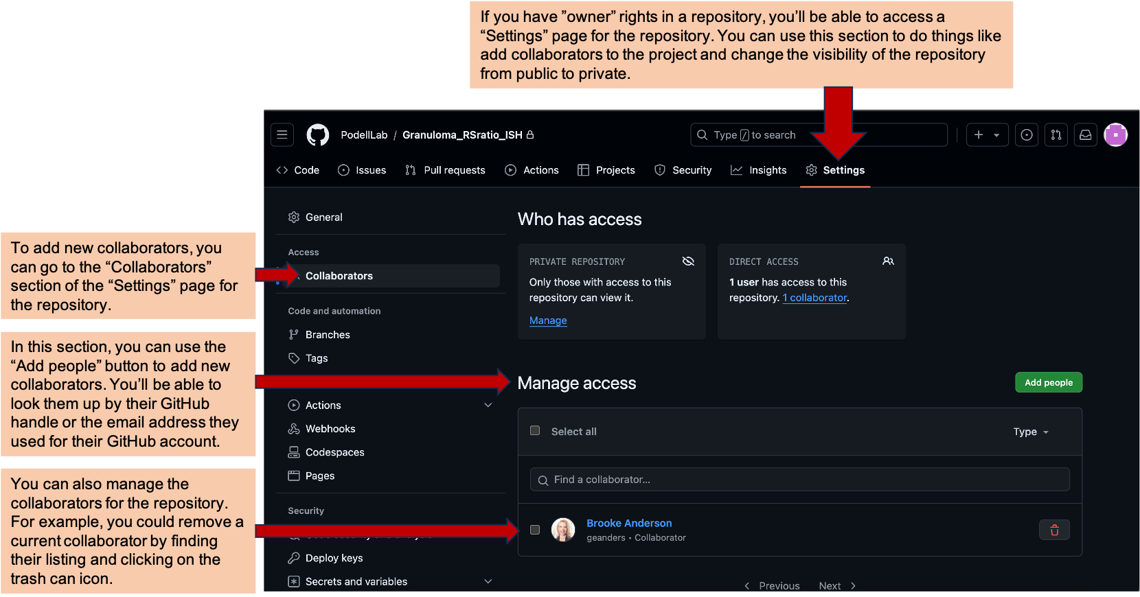 If you have owner-level rights to a repository, you will have access to an additional page on the repository, called 'Settings'. You can use this page for several administrative tasks for the repository. For example, you can add or remove collaborators for the repository.