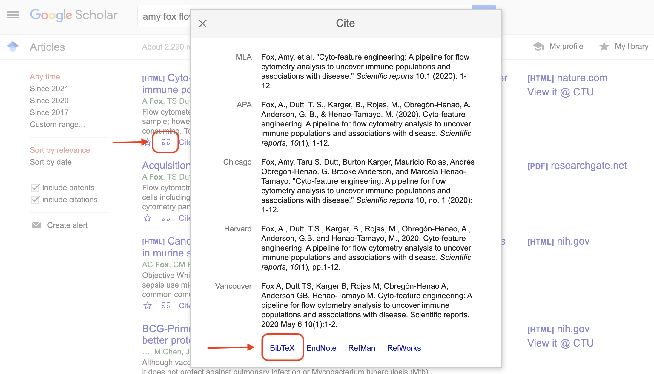 Example of using Google Scholar to get bibliographical information for a BibTeX file. When you look up an article on Google Scholar, there is an option (the quotation mark icon under the article listing) to open a pop-up window with bibliographical information. At the bottom of this pop-up box, you can click on 'BibTeX' to get a plain text version of the BibTeX entry for the article. You can copy and paste this into you BibTeX file.