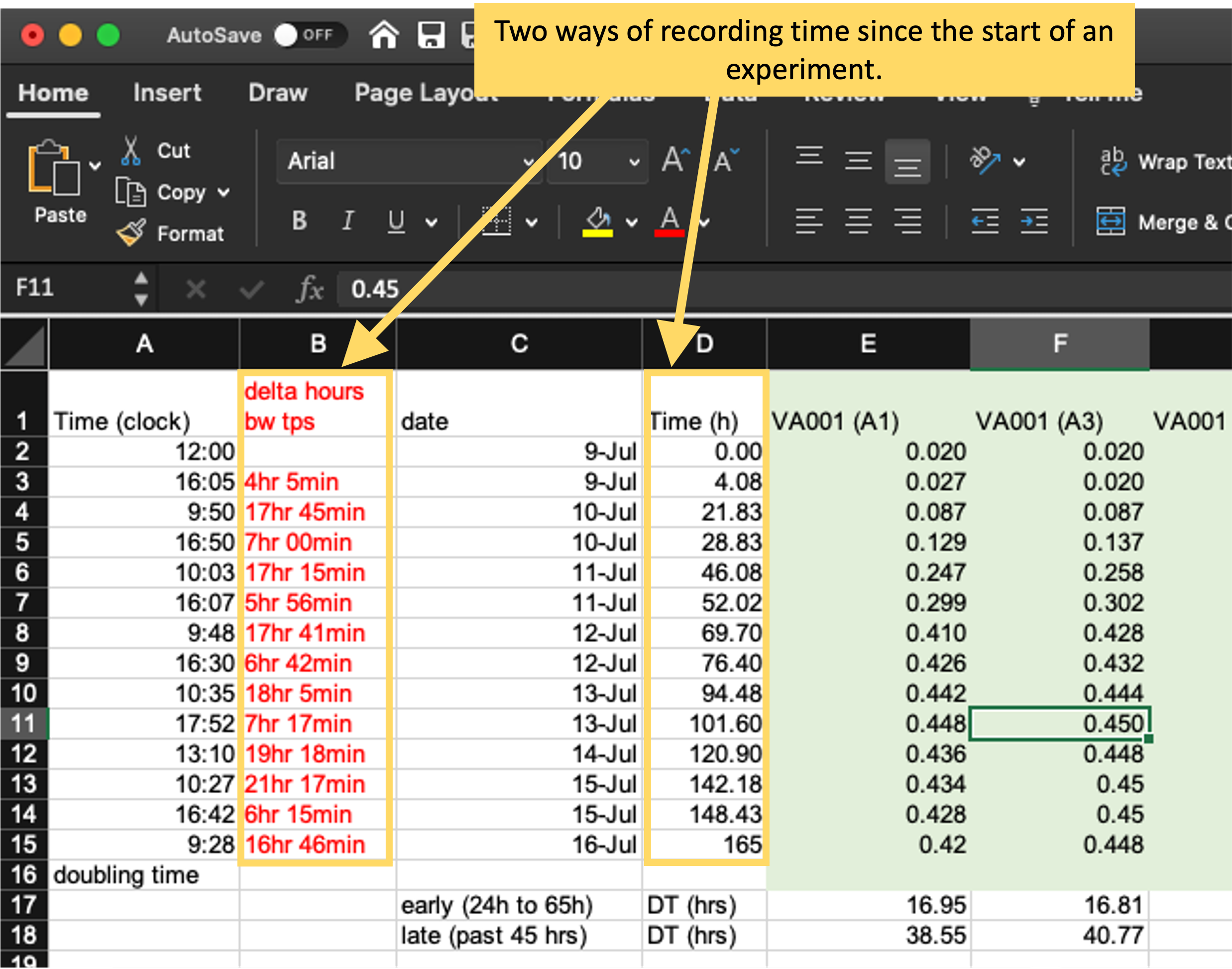 Examples of two ways of recording time in the original template from the example experiment. Column B uses hours and minutes, with characters embedded to separate hours from minutes, while column D uses hours in decimal degrees. The format in column D will be much easier to integrate into a larger data analysis pipeline.