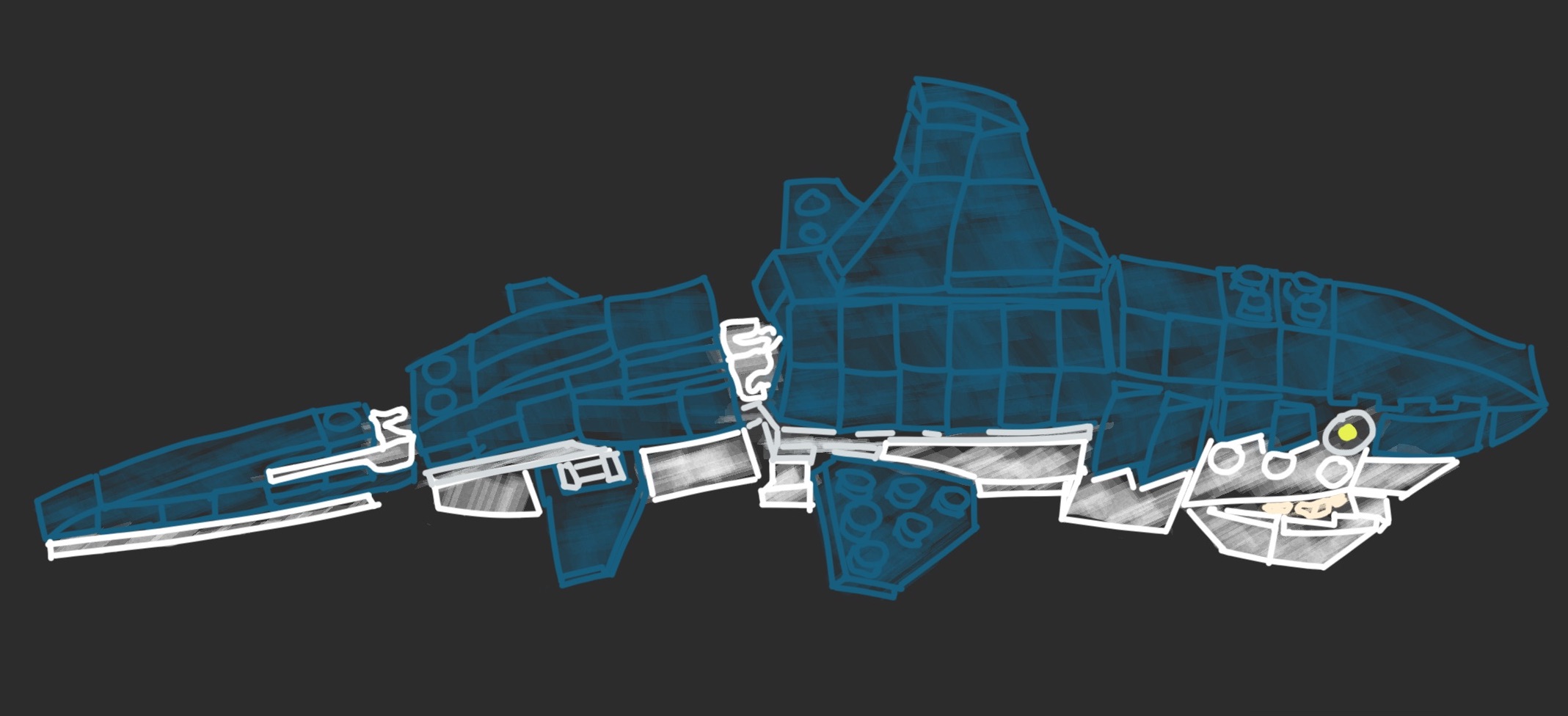 When simple tools have a common interface that allows them to be combined in different ways, like Legos, they can be combined to create complex structures, like this Lego shark.