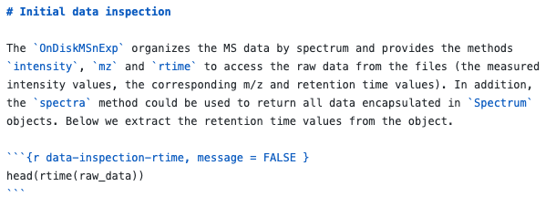 An example of a the plain text used to write a knitted document. This shows a section of the plain text used to write the online vignette for the `xcms` package from Bioconductor. The full plain text file used for the vignette can be viewed on GitHub [here](https://github.com/sneumann/xcms/blob/master/vignettes/xcms.Rmd).