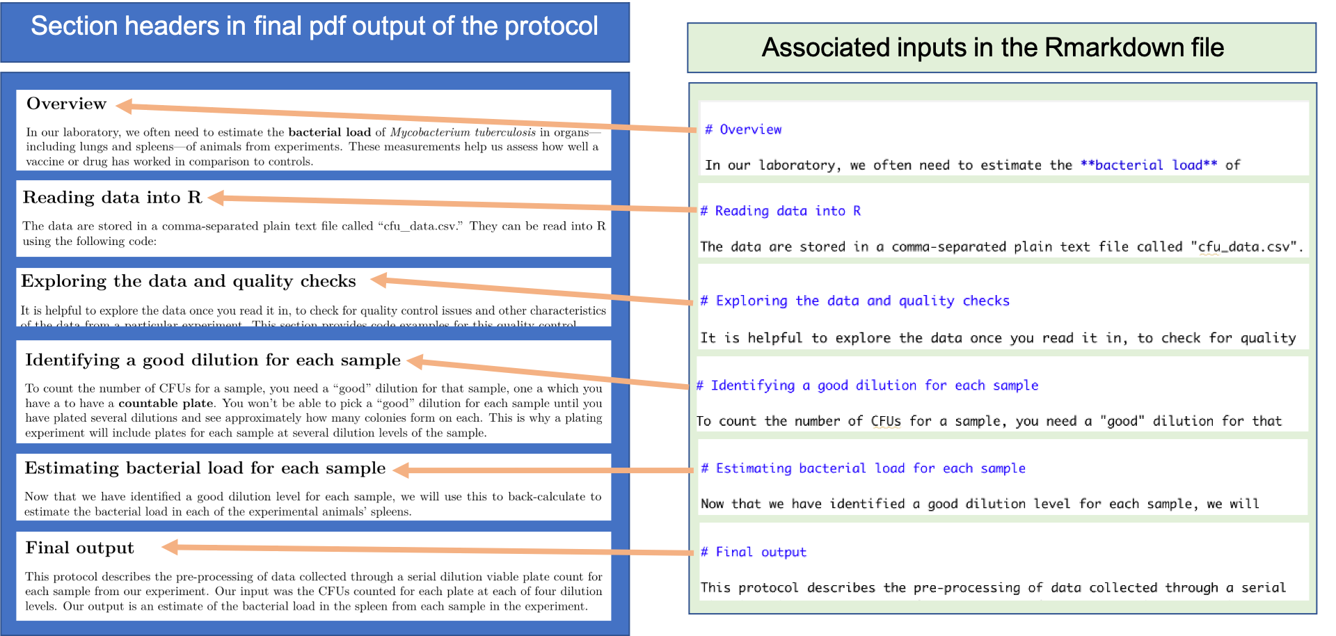 Dividing an RMarkdown data pre-processing protocol into sections. This shows an example of creating section headers in a data pre-processing protocol created with RMarkdown, showing section headers in the example pre-procotcol for this module.