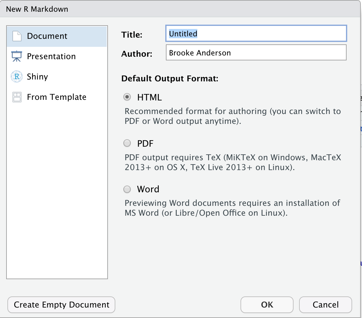 Options available when you create a new RMarkdown file in RStudio. You can specify information that will go into the document's preamble, including the title and authors and the format that the document will be output to (HTML, Word, or PDF).