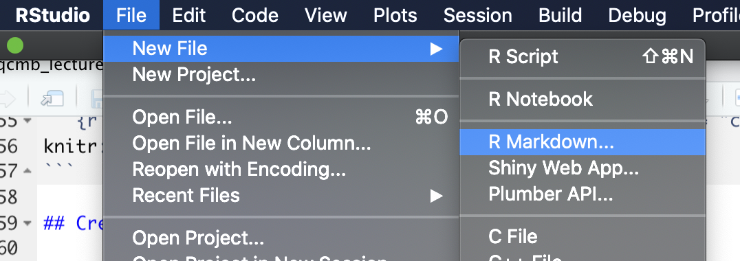 RStudio pull-down menus to help you navigate to open a new RMarkdown file.