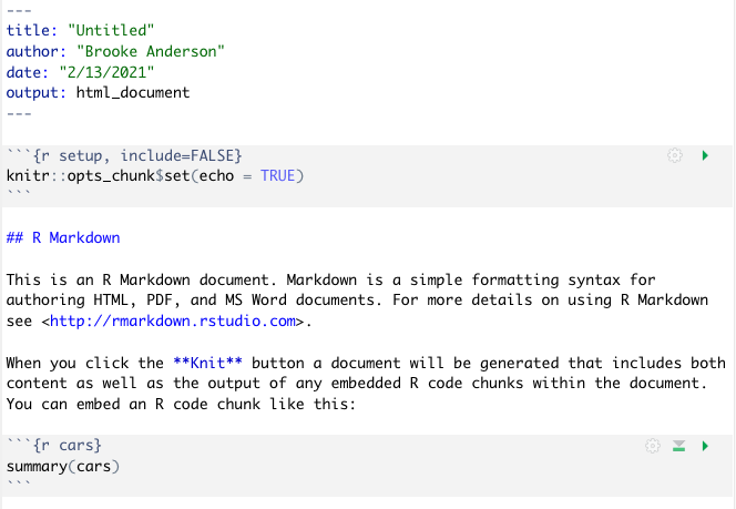 Example of the template RMarkdown document that you will see when you create a new RMarkdown file in RStudio. You can explore this template and try rendering (knitting) it. Once you are familiar with how this example works, you can edit the text and code to adapt it for your own document.