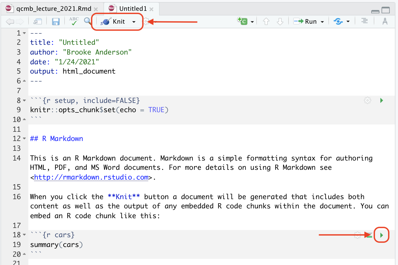 Example of the template RMarkdown document, highlighting buttons in RStudio that you can use to facilitate working with the document. The 'knit' button, highlighted at the top of the figure, will render the entire document. The green arrow, highlighted lower in the figure within a code chunk, can be used to run the code in that specific code chunk.