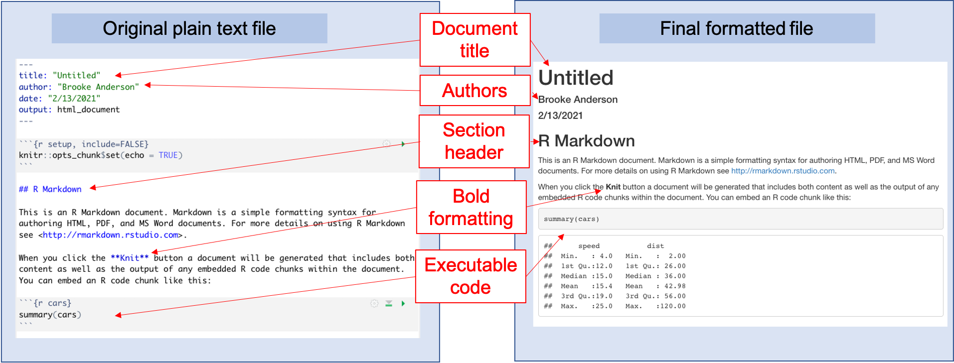 Example of the template RMarkdown document that you will see when you create a new RMarkdown file in RStudio. You can explore this template and try rendering (knitting) it. Once you are familiar with how this example works, you can edit the text and code to adapt it for your own document.