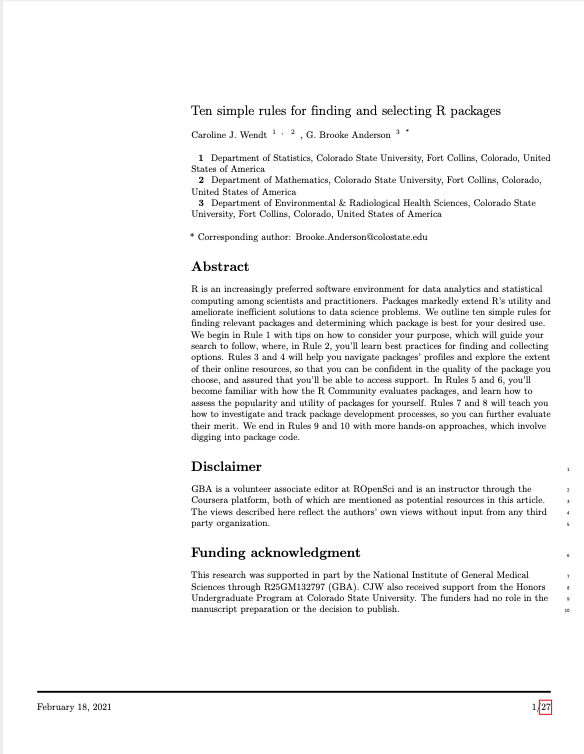 Example of a manuscript written in RMarkdown using a templat. This figure shows the first page of an article written for submission to PLoS Computation Biology, written in RMarkdown while using the PLoS template from the `rticles` package (Wendt and Anderson 2022).