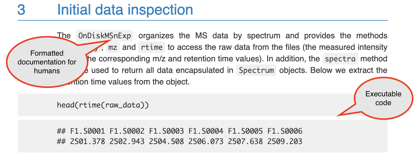 An example of a knitted document. This shows a section of the online vignette for the `xcms` package from Bioconductor. The two types of content are highlighted: formatted text for humans to read, and executable computer code.